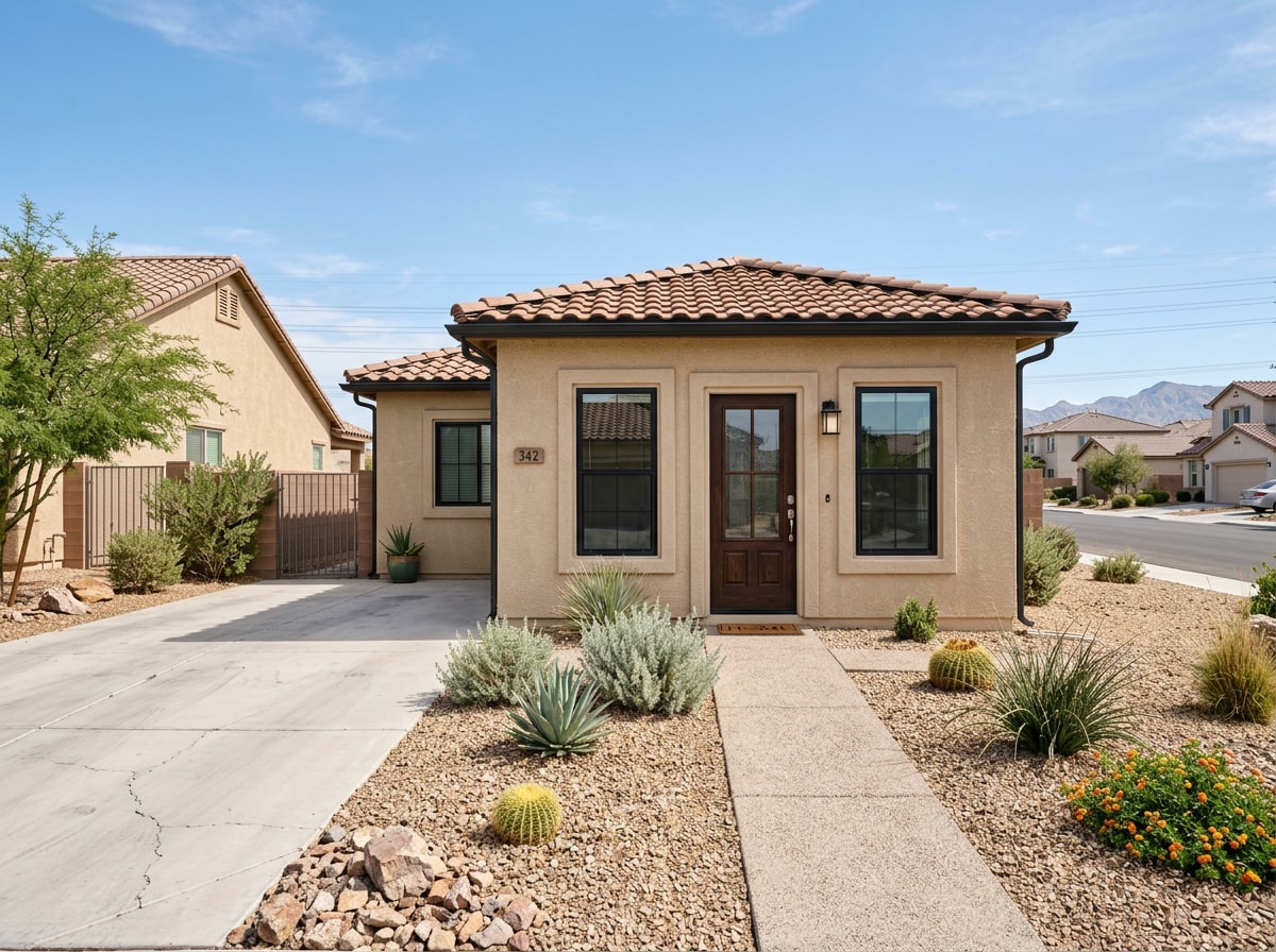 Converted garage ADU exterior with new windows and a separate entrance in a North Las Vegas residential neighborhood