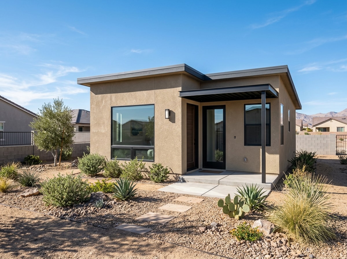 Finished detached ADU with stucco exterior, covered entry, and desert landscaping in North Las Vegas, NV