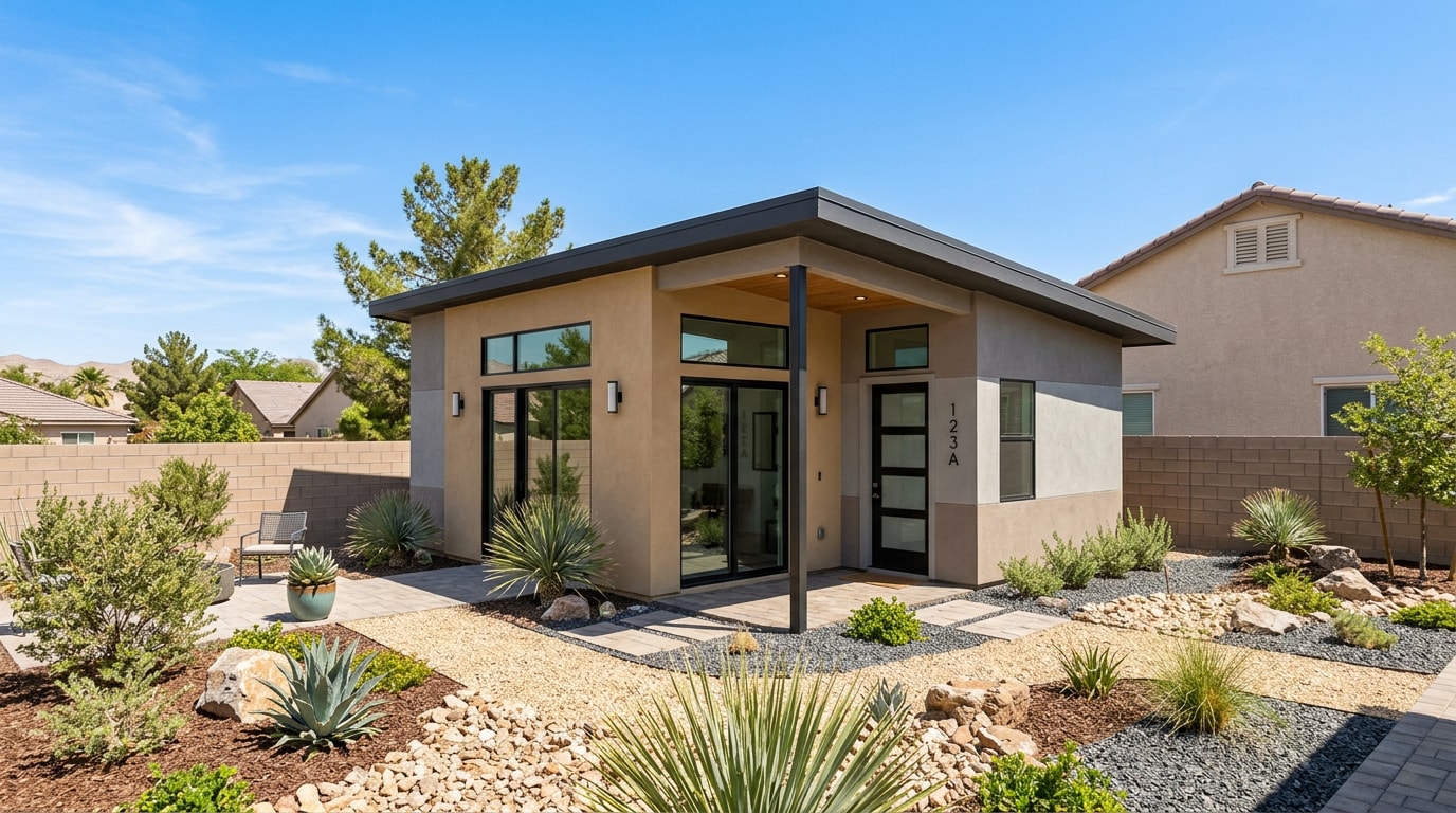 Newly built detached ADU in a North Las Vegas, NV backyard with desert landscaping Newly built detached ADU in a North Las Vegas, NV backyard with desert landscaping