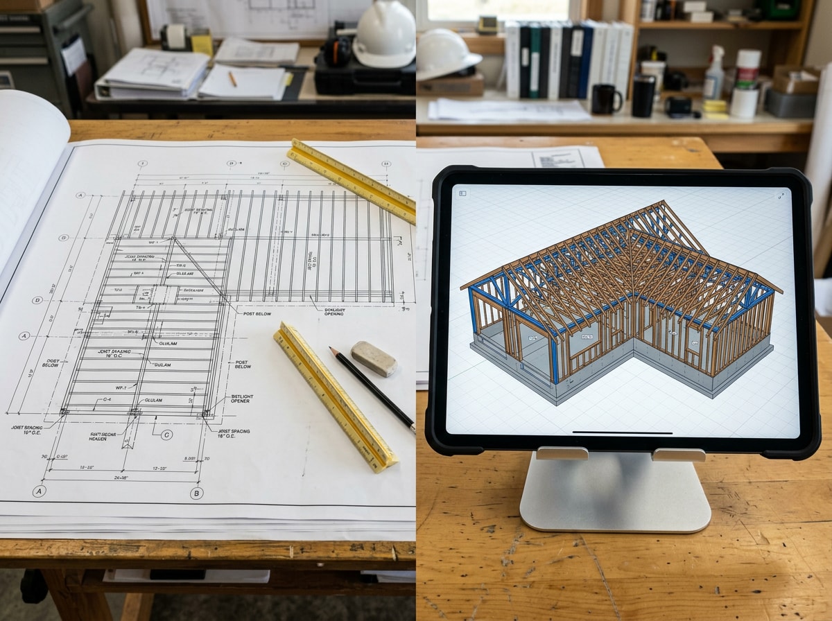 Structural framing plan overlaid on a Revit model for a North Las Vegas home addition