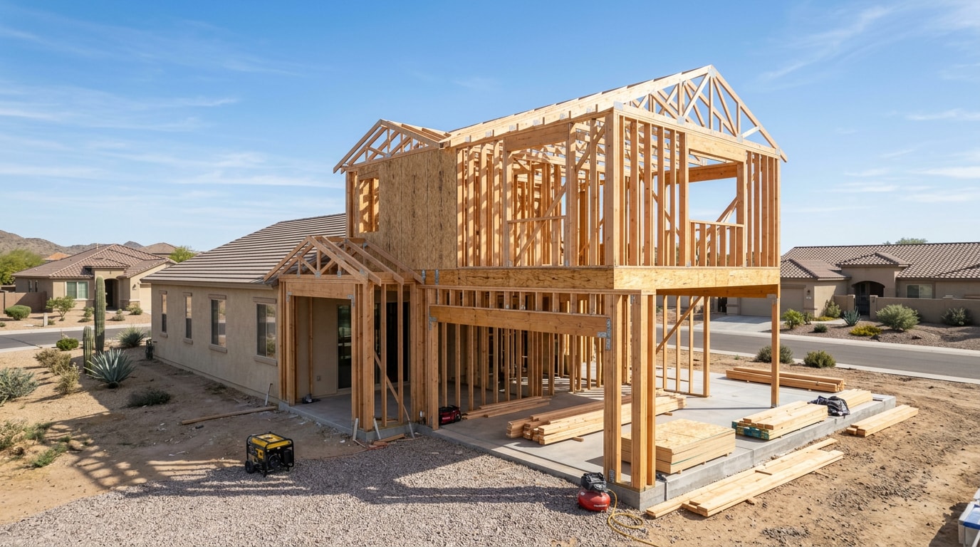 Structural framing on a North Las Vegas home addition under construction