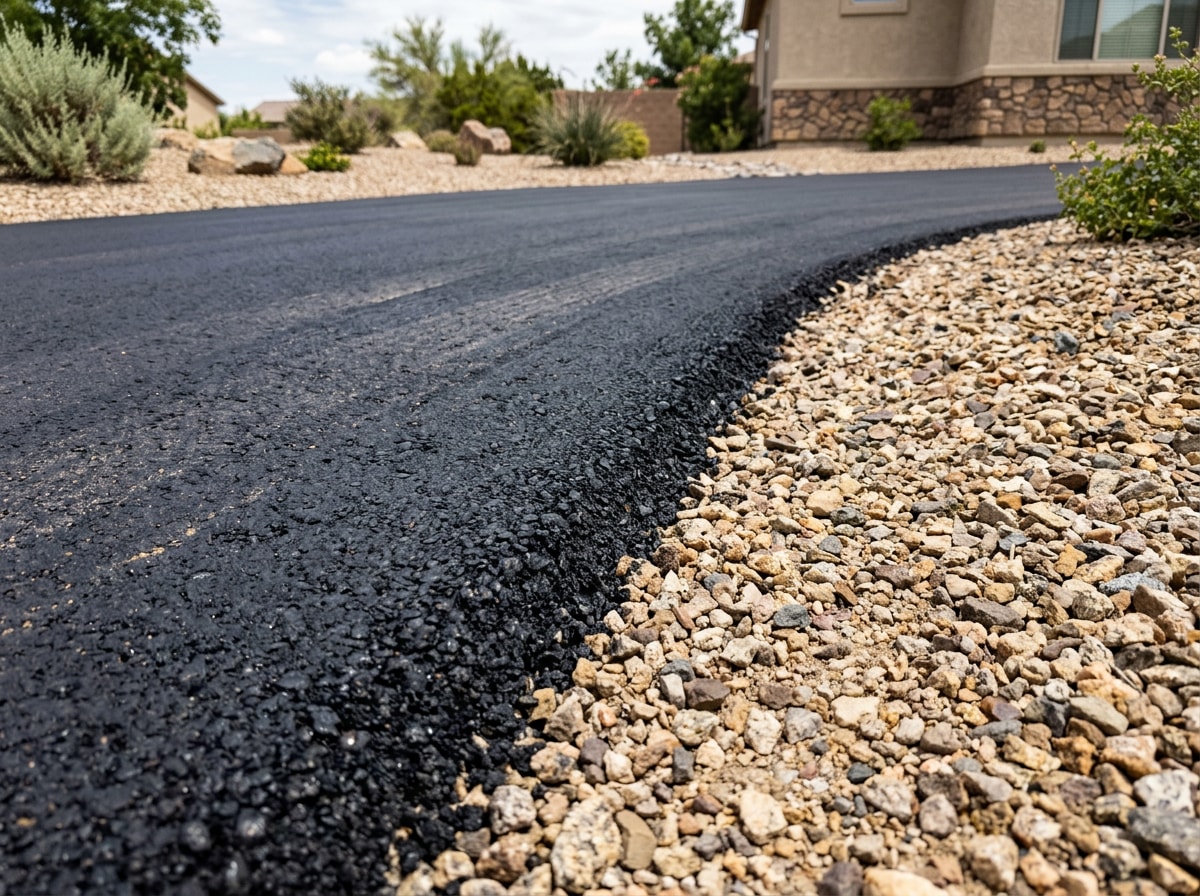 Freshly paved asphalt driveway with a clean compacted edge at a Las Vegas home