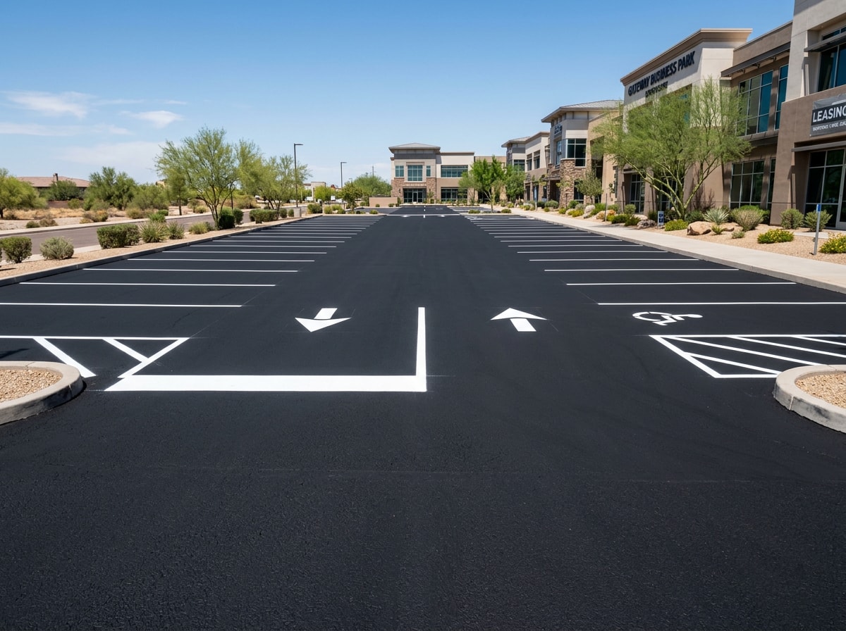 Sealcoated asphalt parking lot with fresh lane striping in Las Vegas