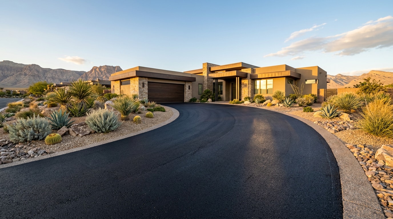 Freshly paved asphalt driveway leading to a modern Las Vegas home Freshly paved asphalt driveway leading to a modern Las Vegas home