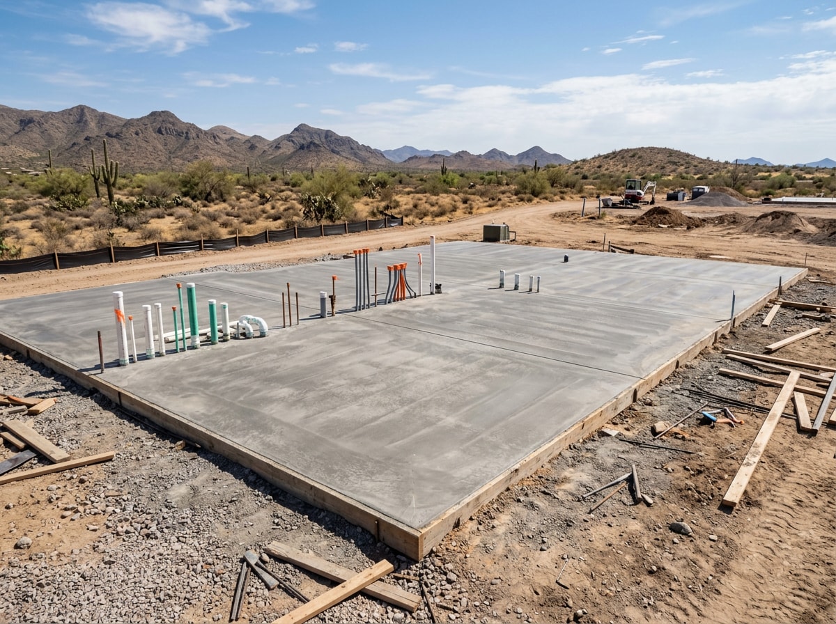 Completed foundation pad ready for vertical construction after grading and utility rough-in