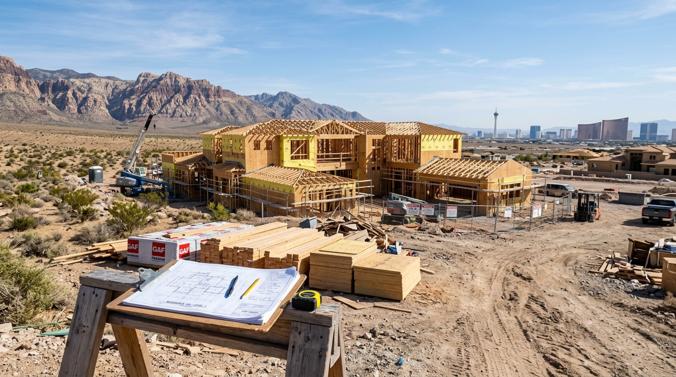 Construction jobsite in Clark County, NV with blueprints and framing visible Construction jobsite in Clark County, NV with blueprints and framing visible