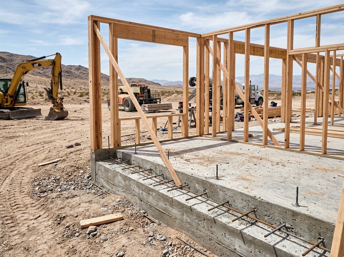 Custom home foundation and framing under construction on desert soil in Clark County, NV