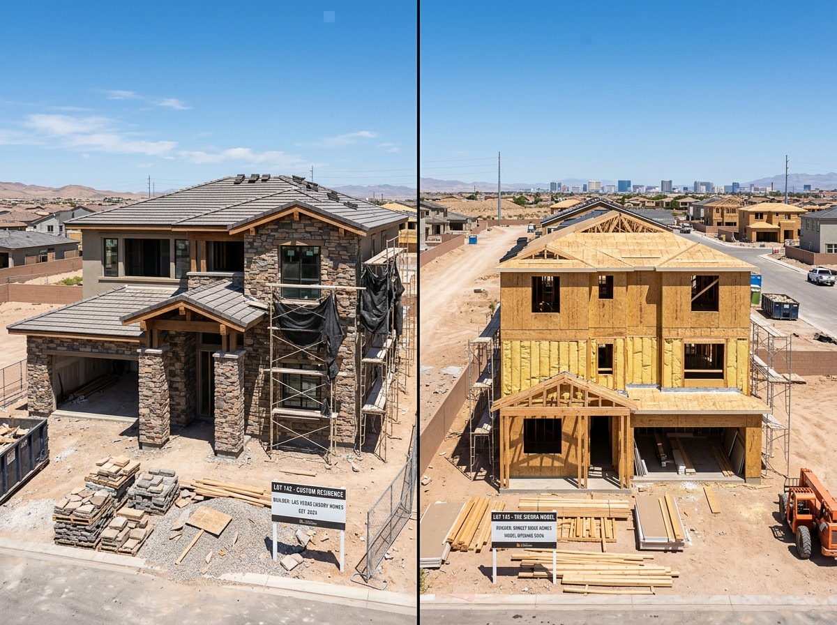 Side-by-side comparison of custom and semi-custom homes under construction in a Clark County, NV neighborhood