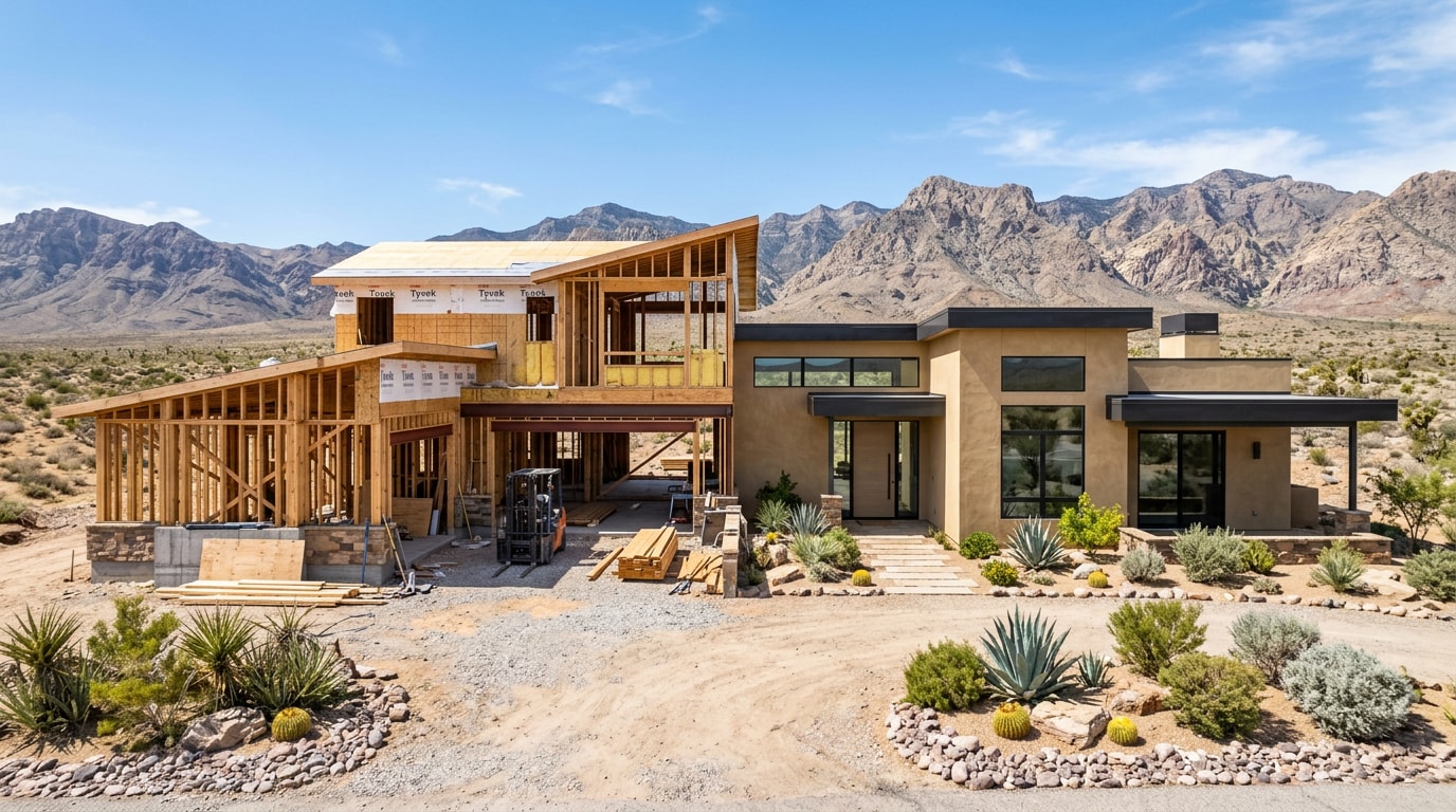 Custom home construction project in Clark County, NV with desert landscape backdrop