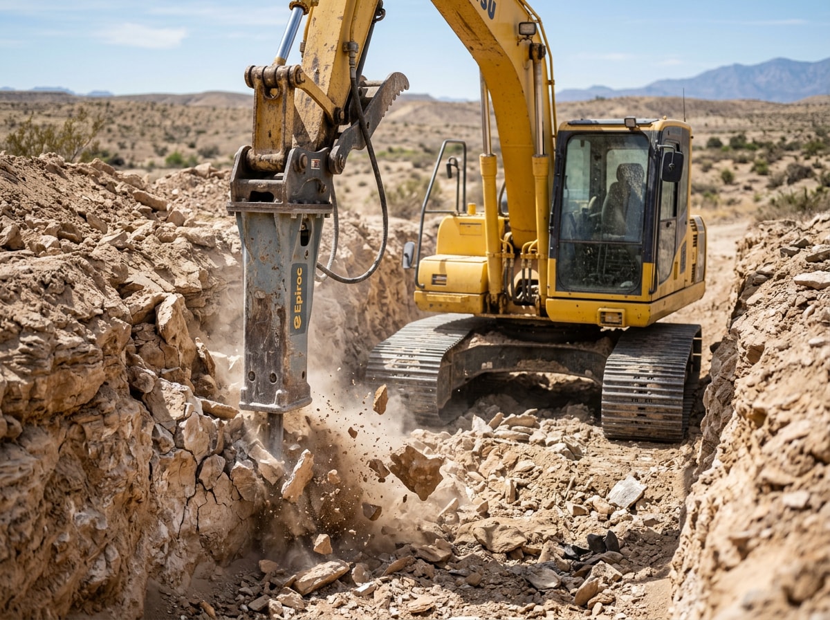 Excavator cutting a utility trench through rocky desert soil near Boulder City