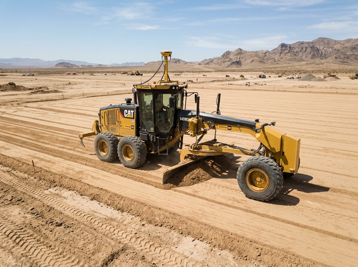 Grading equipment leveling a building pad with laser-guided precision