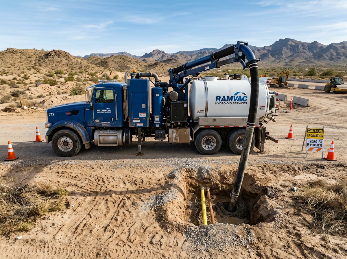 Hydro excavation truck exposing a utility line near a desert construction site