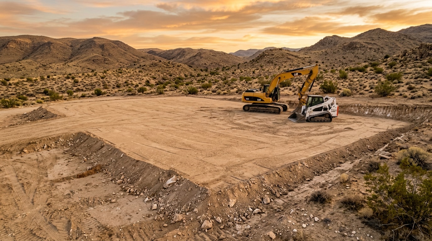 Graded building pad on a desert lot in Boulder City, NV with excavation equipment Graded building pad on a desert lot in Boulder City, NV with excavation equipment