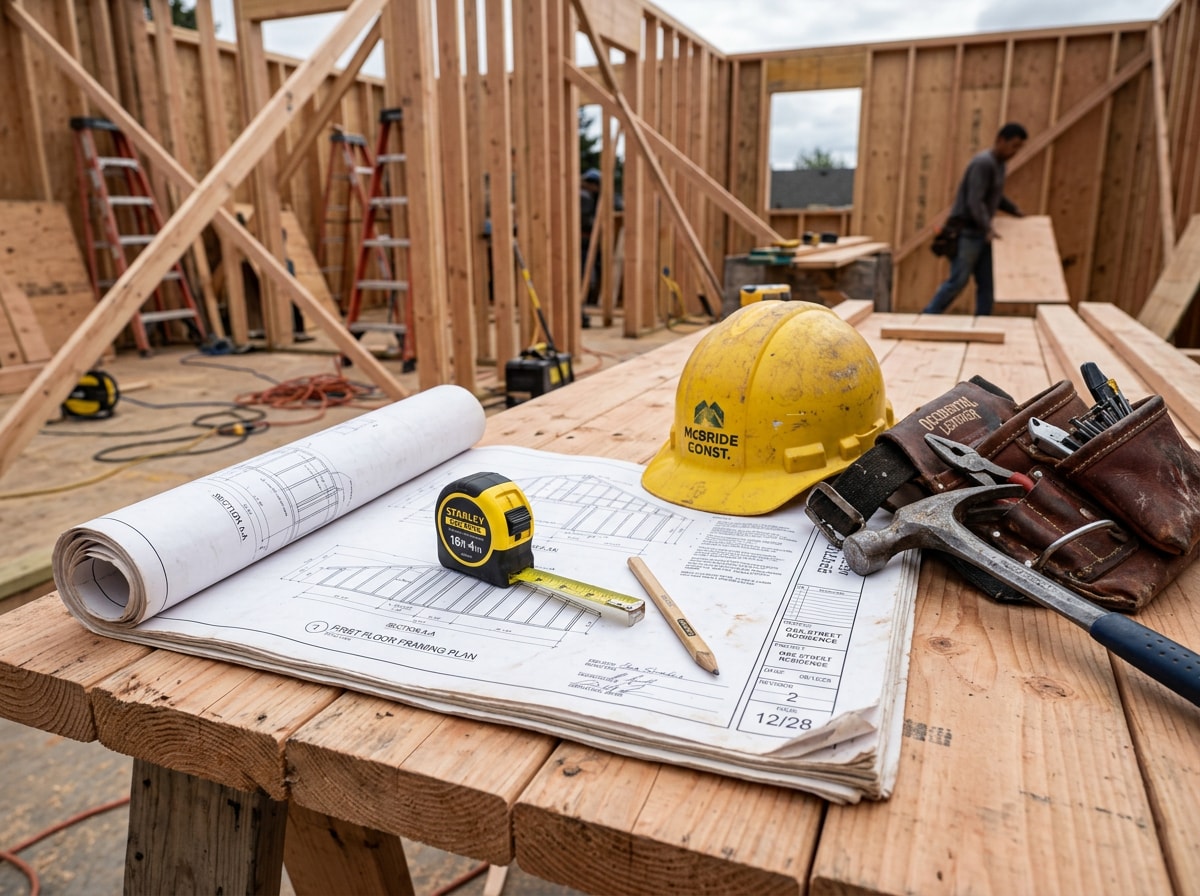 Construction foreman reviewing blueprints with a crew on a residential jobsite