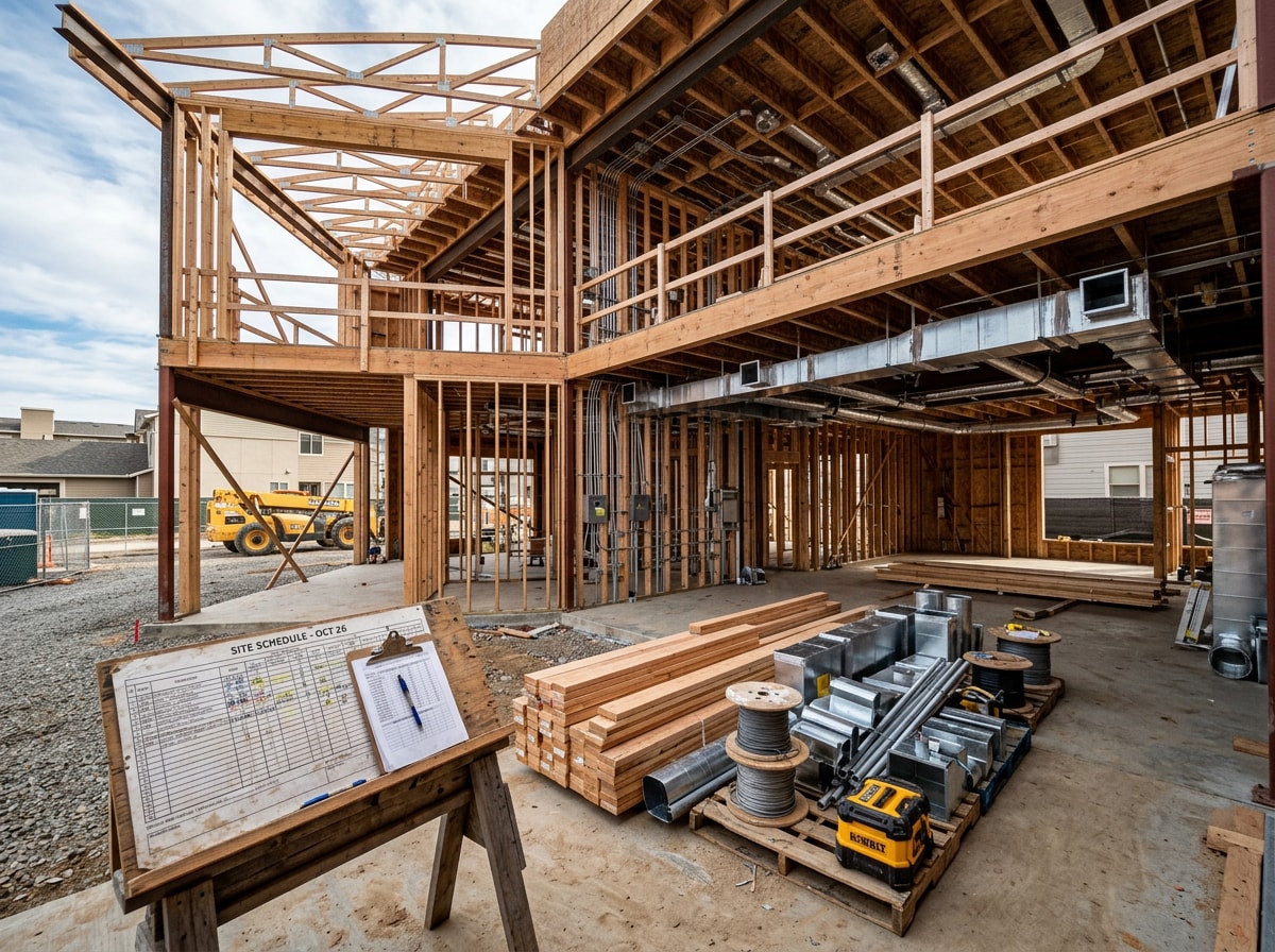 Construction superintendent walking a jobsite and reviewing a master schedule with trade crews