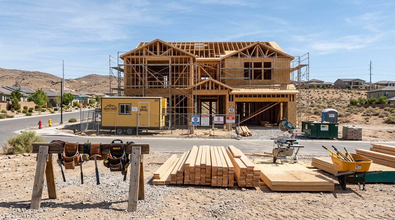 Residential construction jobsite in Henderson, NV with framing and scaffolding Residential construction jobsite in Henderson, NV with framing and scaffolding