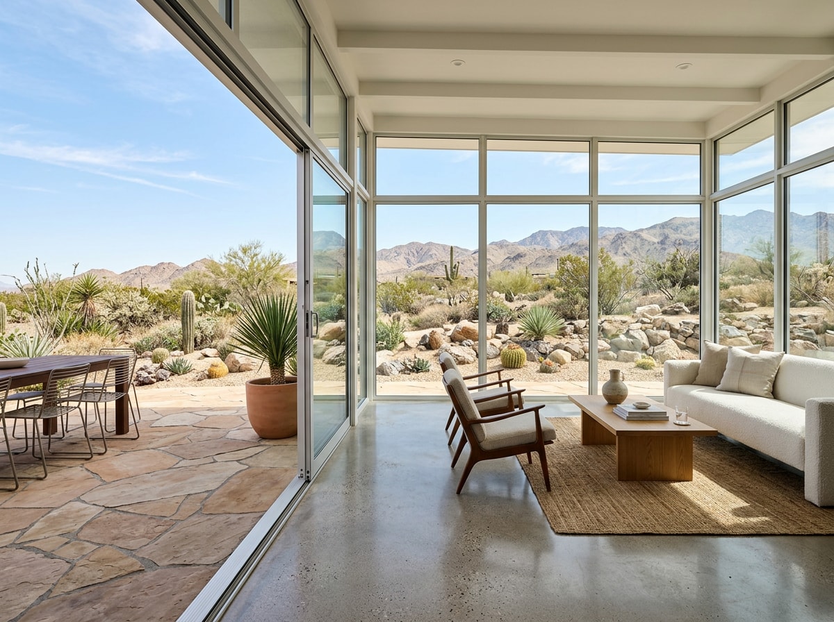 Glass room extension with floor-to-ceiling windows attached to a Southern Nevada home