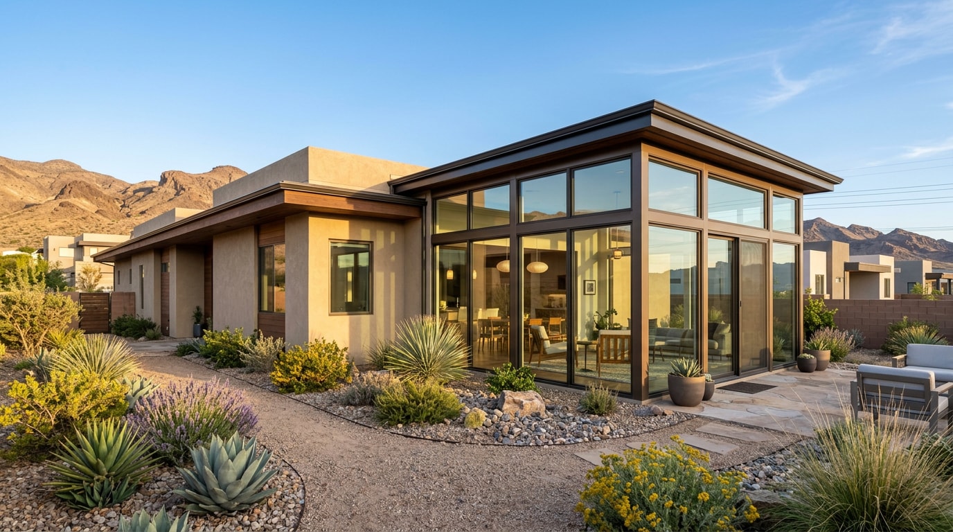 Finished glass room extension on a desert-modern home in Boulder City, NV