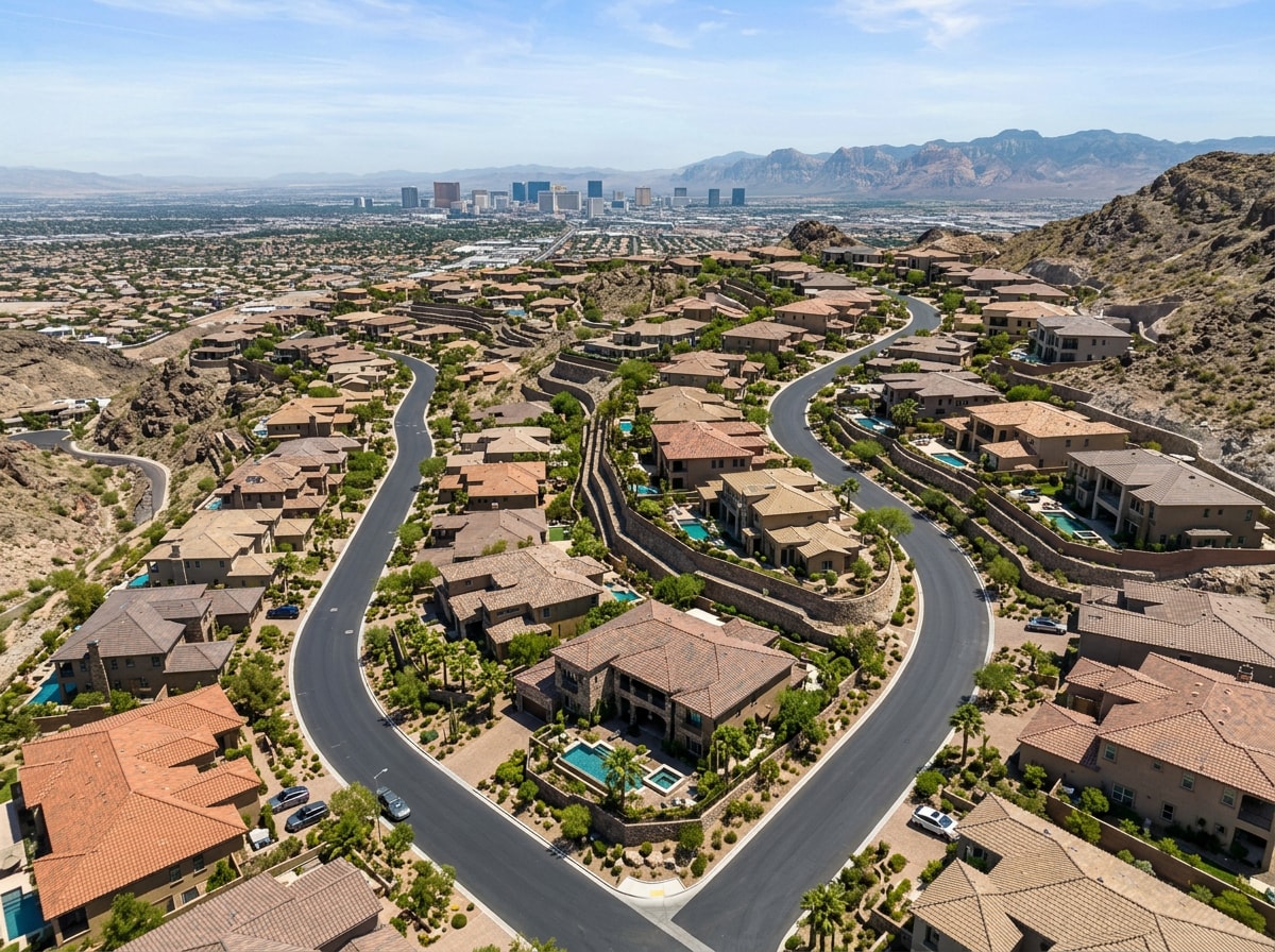 Aerial view of a custom home neighborhood in Henderson, NV showing hillside lots near MacDonald Highlands