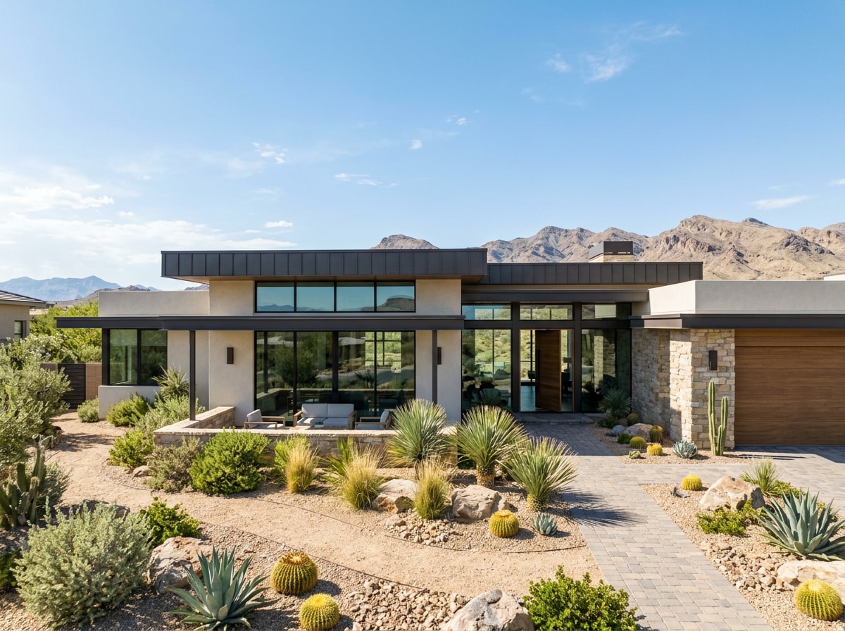 Desert-contemporary custom home exterior in Henderson, NV with energy-efficient glazing and deep roof overhangs