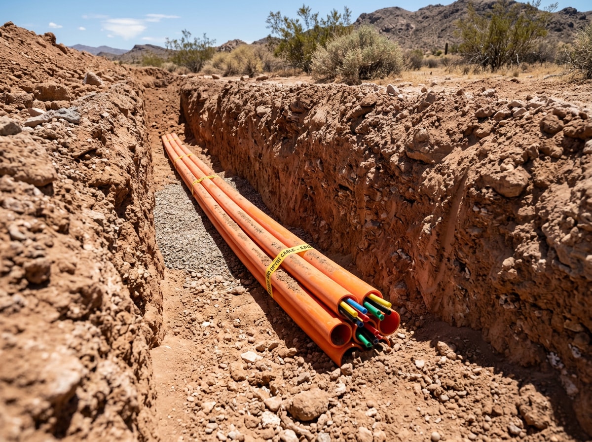 Open utility trench with orange conduit and fiber innerduct in reddish desert soil