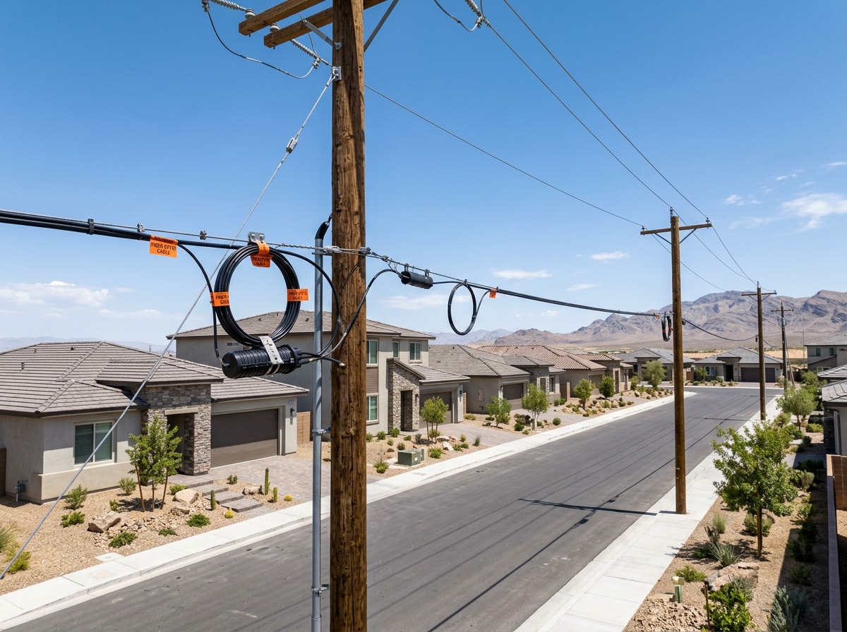 Aerial fiber-optic cable strung along utility poles in a new Henderson residential subdivision
