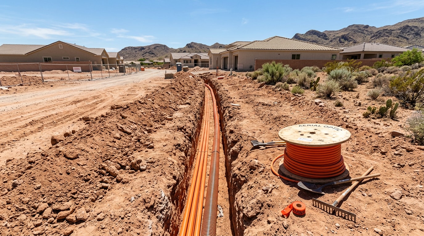 Open utility trench with fiber optic conduit in caliche soil on a Henderson, NV construction site