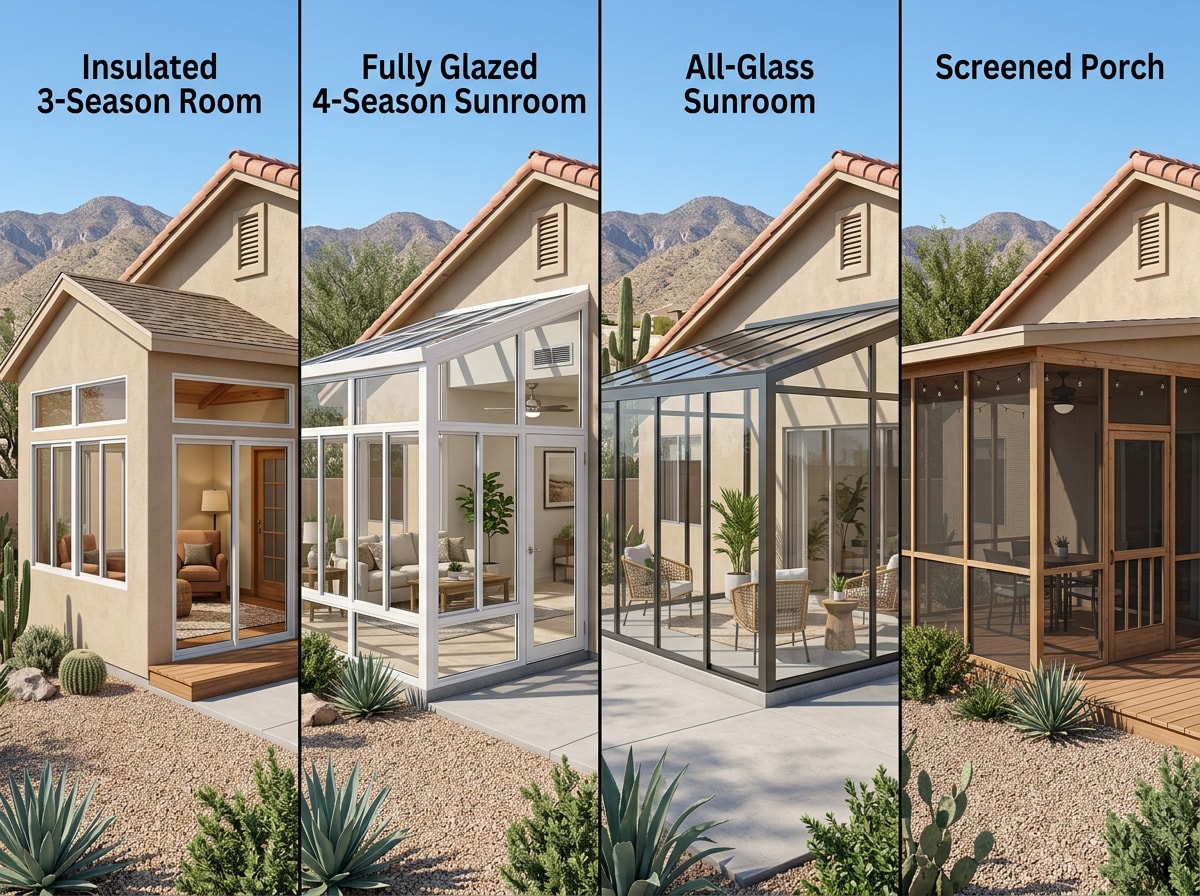 Side-by-side comparison of 3-season, 4-season, sunroom, and screen porch conversion types