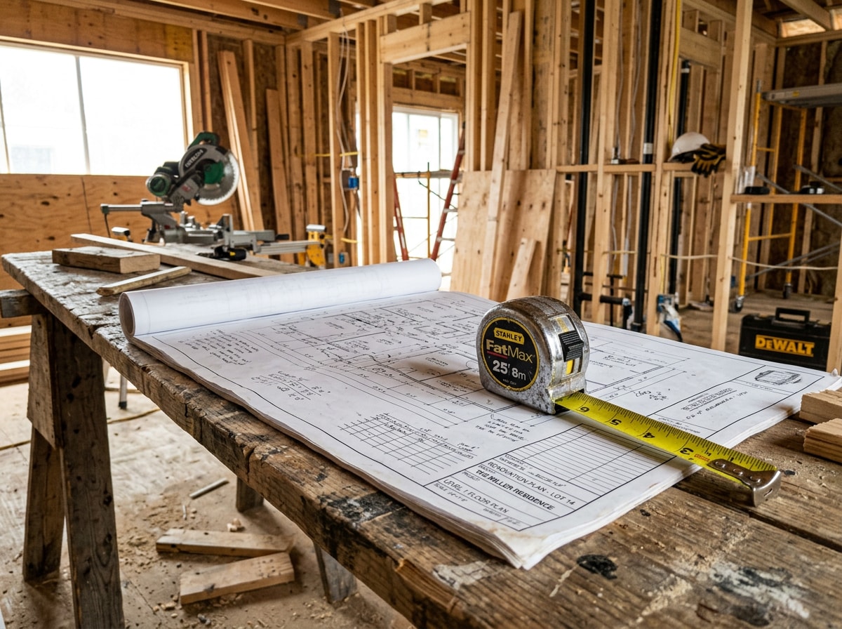 Contractor reviewing blueprints on a Clark County home renovation jobsite