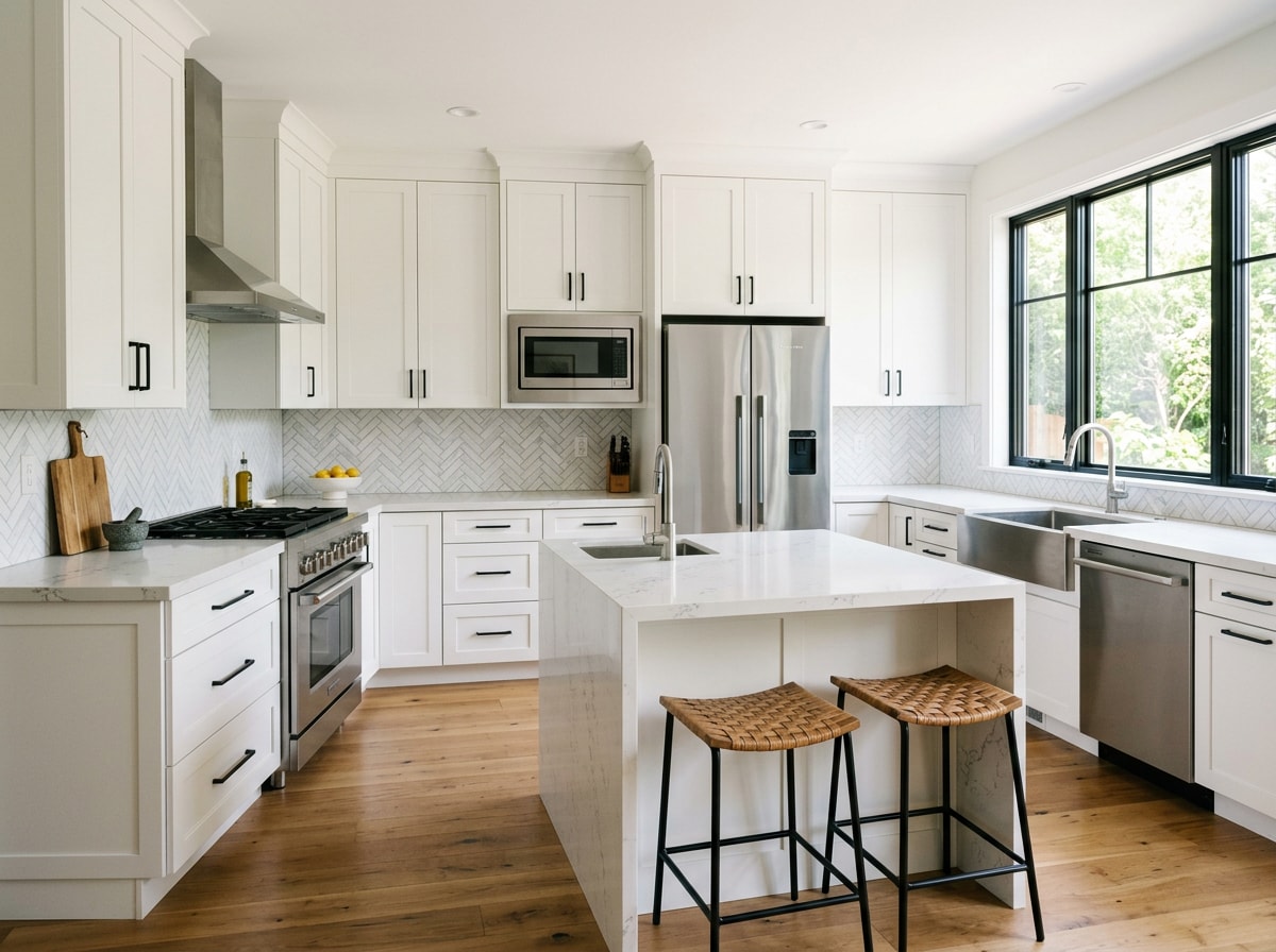 Remodeled kitchen with new custom cabinetry and stone countertops