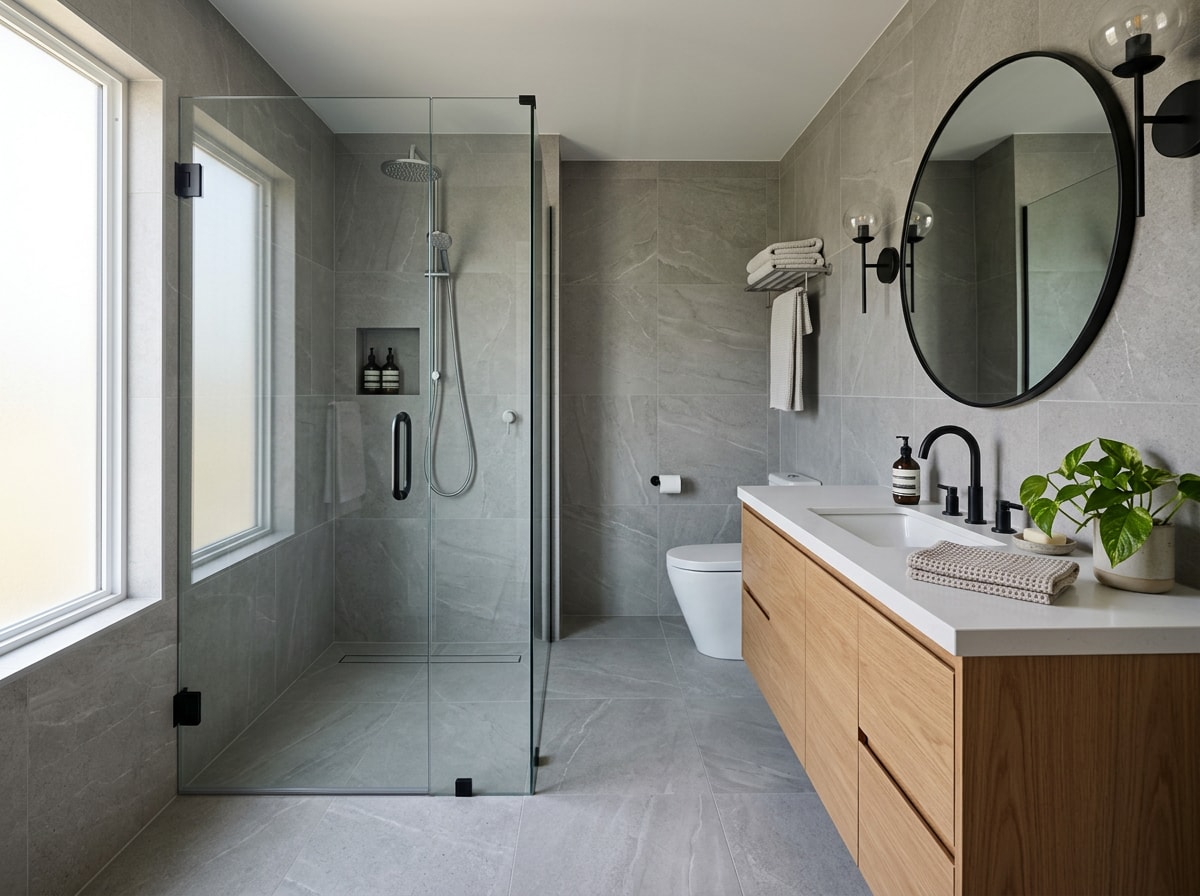 Renovated bathroom with walk-in shower conversion and new tile