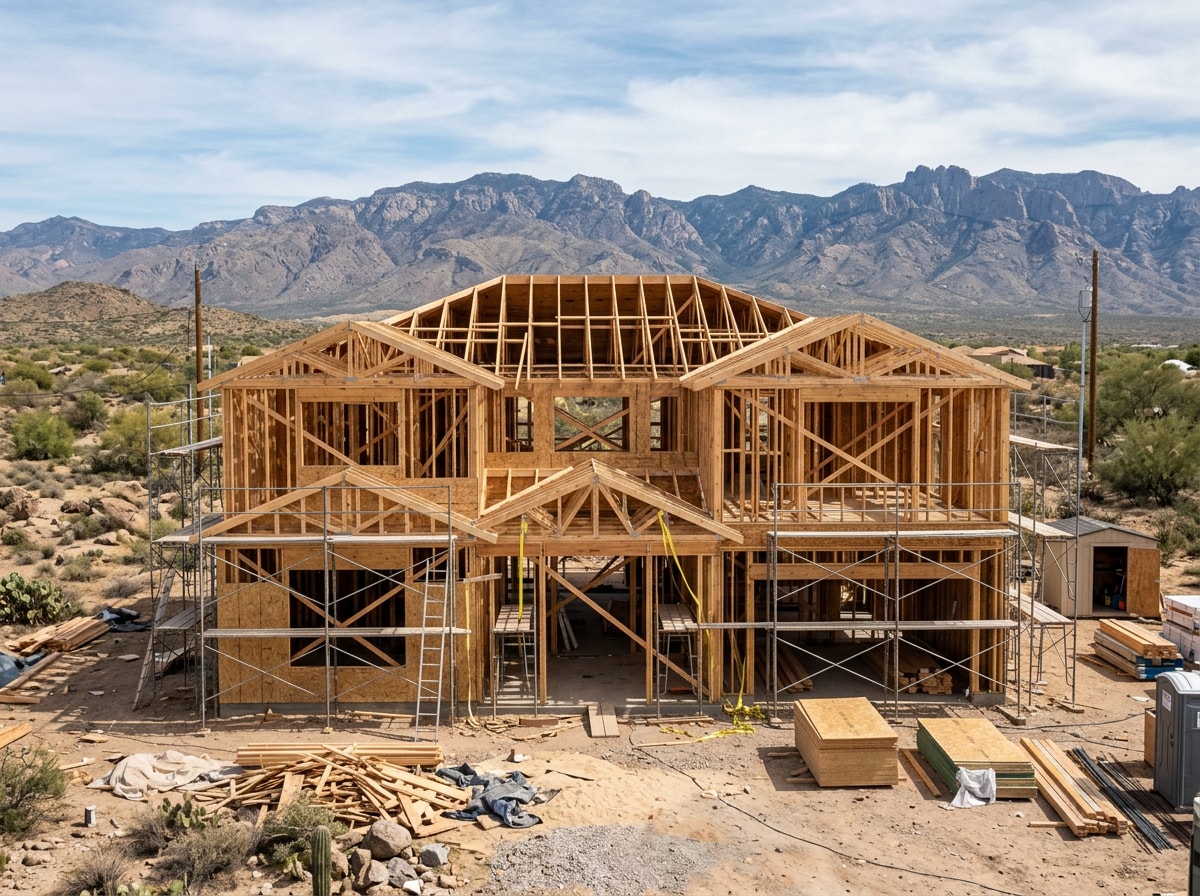 New single-family home construction site with framing and desert landscaping in Boulder City, Nevada