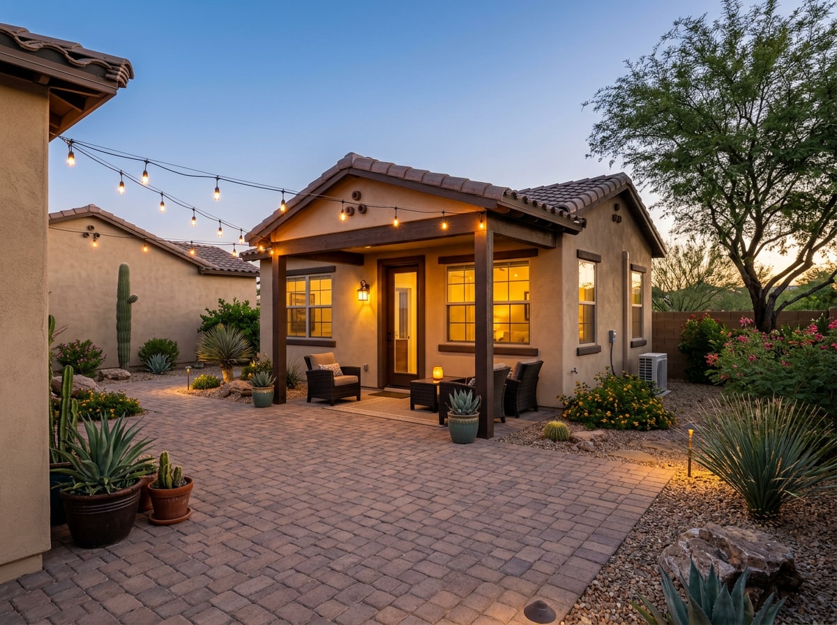 Completed backyard casita with covered patio in a Boulder City, NV residential yard