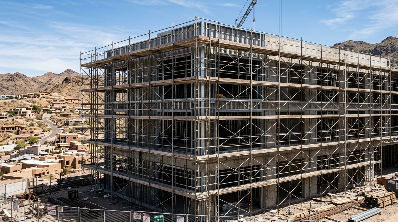 Commercial scaffolding system installed on a multi-story building facade in Boulder City, NV Commercial scaffolding system installed on a multi-story building facade in Boulder City, NV