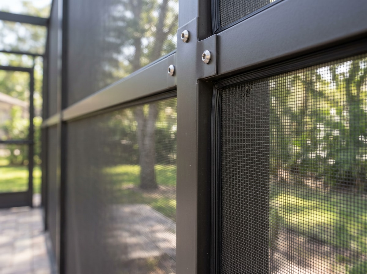 Close-up of an aluminum screen room frame with solar mesh screening installed on a Las Vegas patio