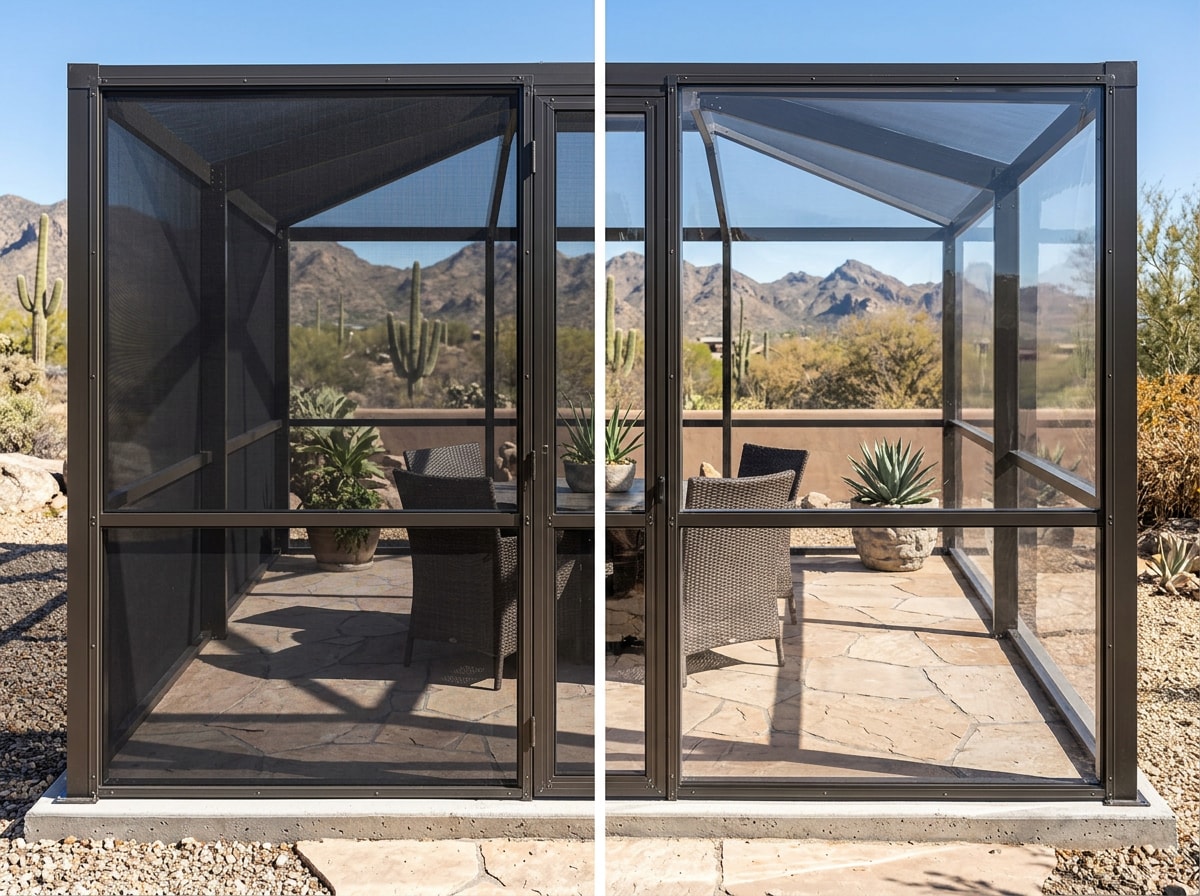 Side-by-side comparison of screen mesh paneling and vinyl panel patio enclosure options