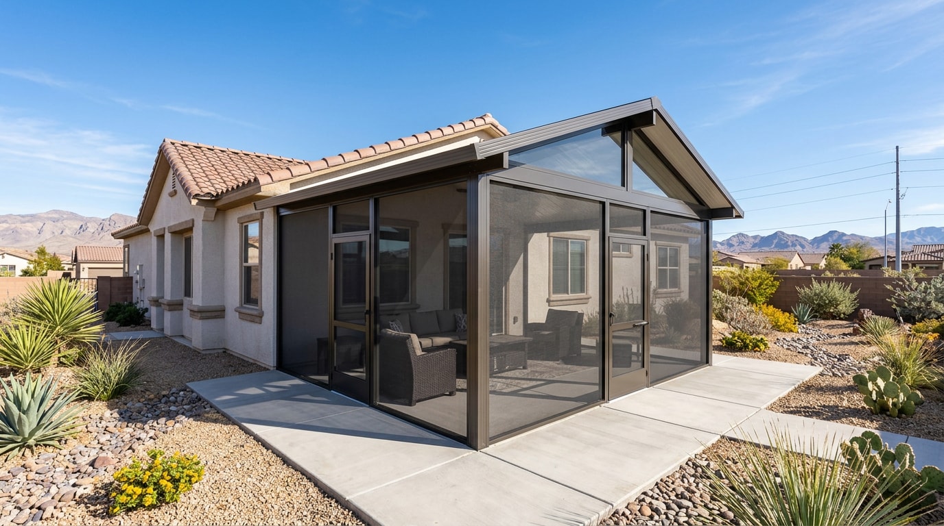 Finished screen room enclosure on a Las Vegas patio with aluminum frame and solar mesh screening