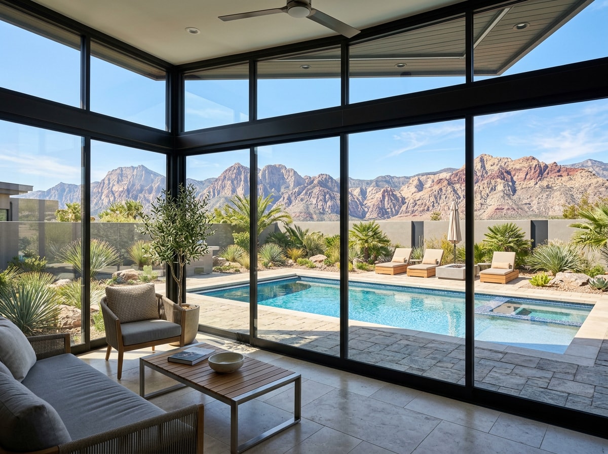 Glass-walled sunroom with low-E glass overlooking a Las Vegas desert backyard