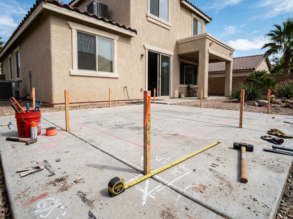 Contractor measuring a backyard for a new sunroom foundation in Las Vegas