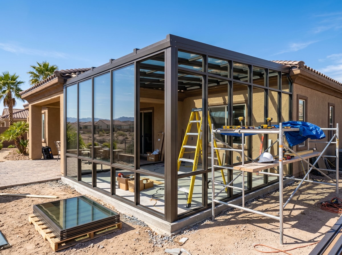 Licensed contractor team installing a custom sunroom addition in Las Vegas