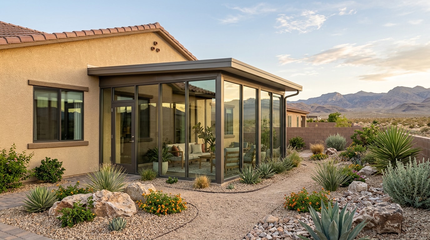 Custom glass sunroom addition on a Las Vegas home with desert landscaping Custom glass sunroom addition on a Las Vegas home with desert landscaping