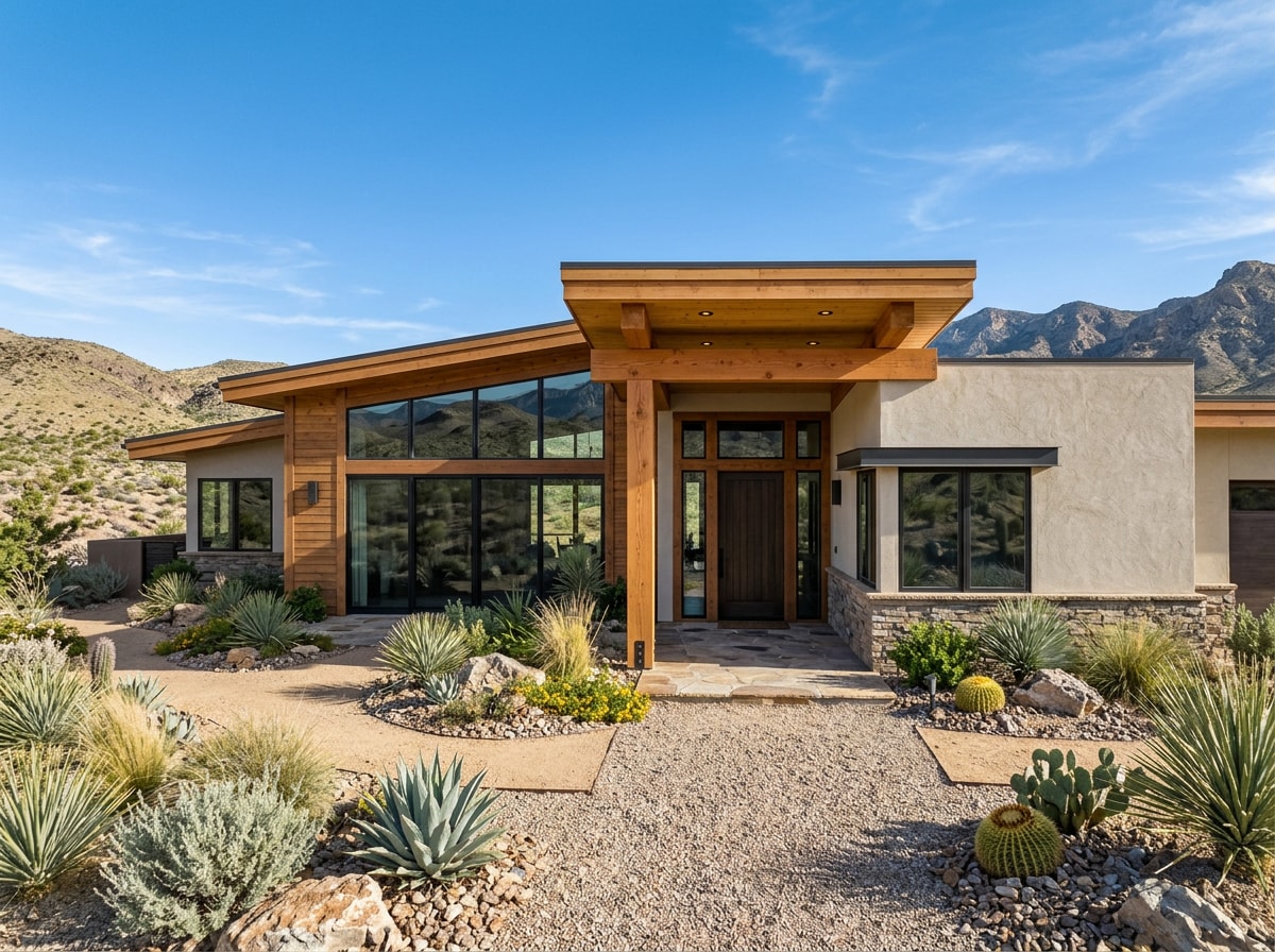 Desert-sited timber frame home exterior with large windows and exposed timber beams in Clark County, Nevada