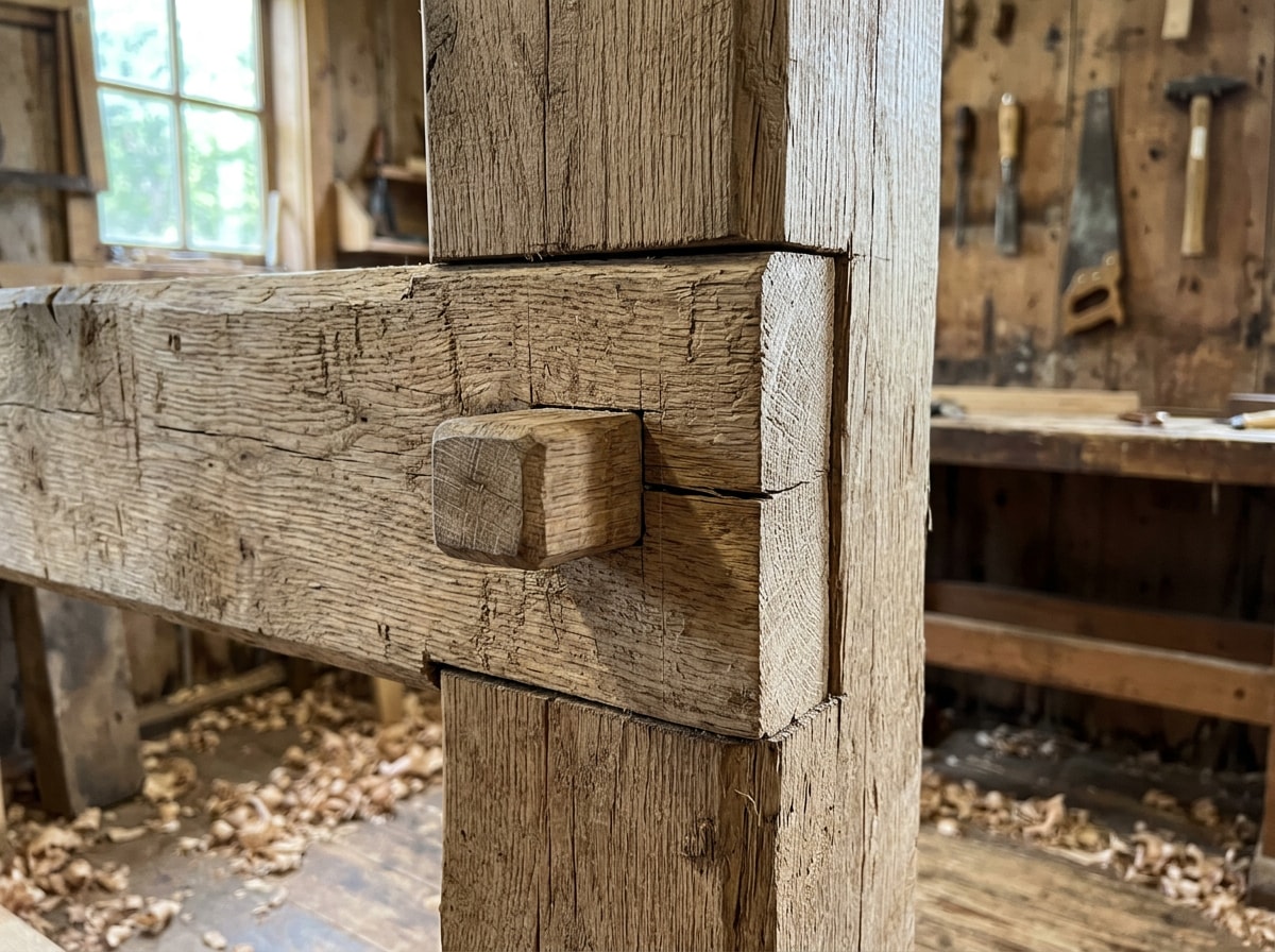 Timber frame craftsman working on mortise and tenon joinery for a custom Nevada home