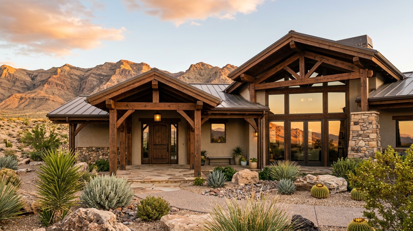 Custom timber frame home exterior in a Southern Nevada desert setting
