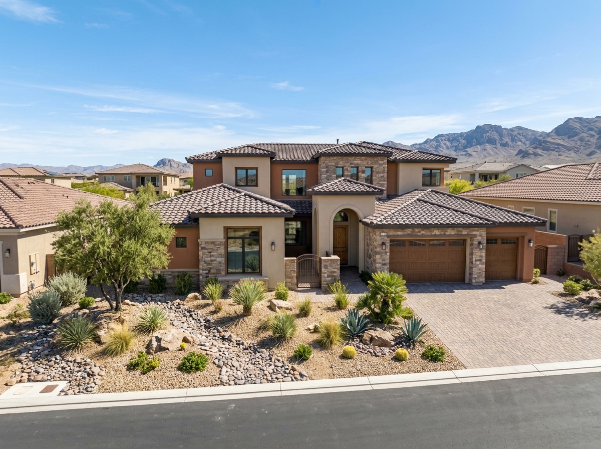 Completed custom home exterior in a Henderson, NV desert neighborhood