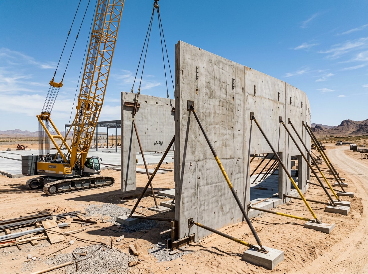 Tilt-up warehouse construction site in Las Vegas showing concrete panel wall erection