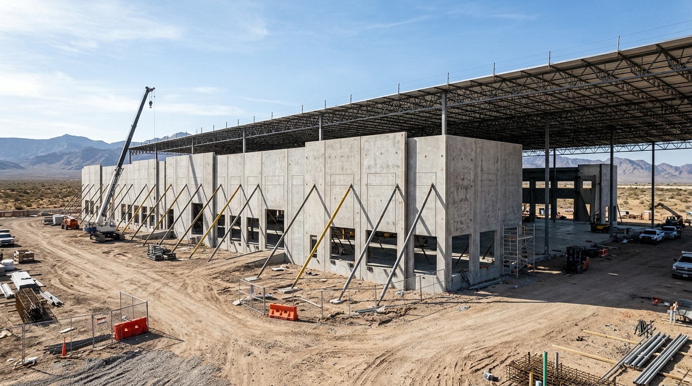 Tilt-up concrete warehouse under construction in a Las Vegas industrial park Tilt-up concrete warehouse under construction in a Las Vegas industrial park