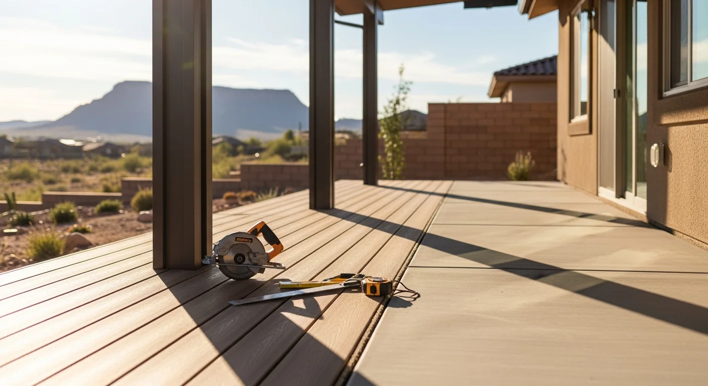 Wood-framed patio cover and deck attached to residential home in Las Vegas