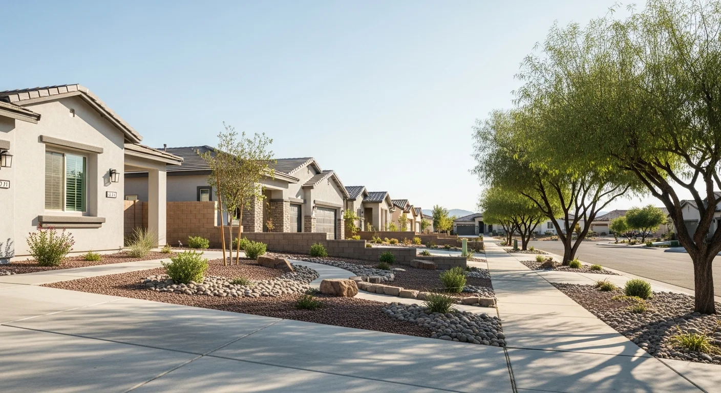 Residential street in Henderson with modern homes and manicured landscaping under clear Nevada sky.