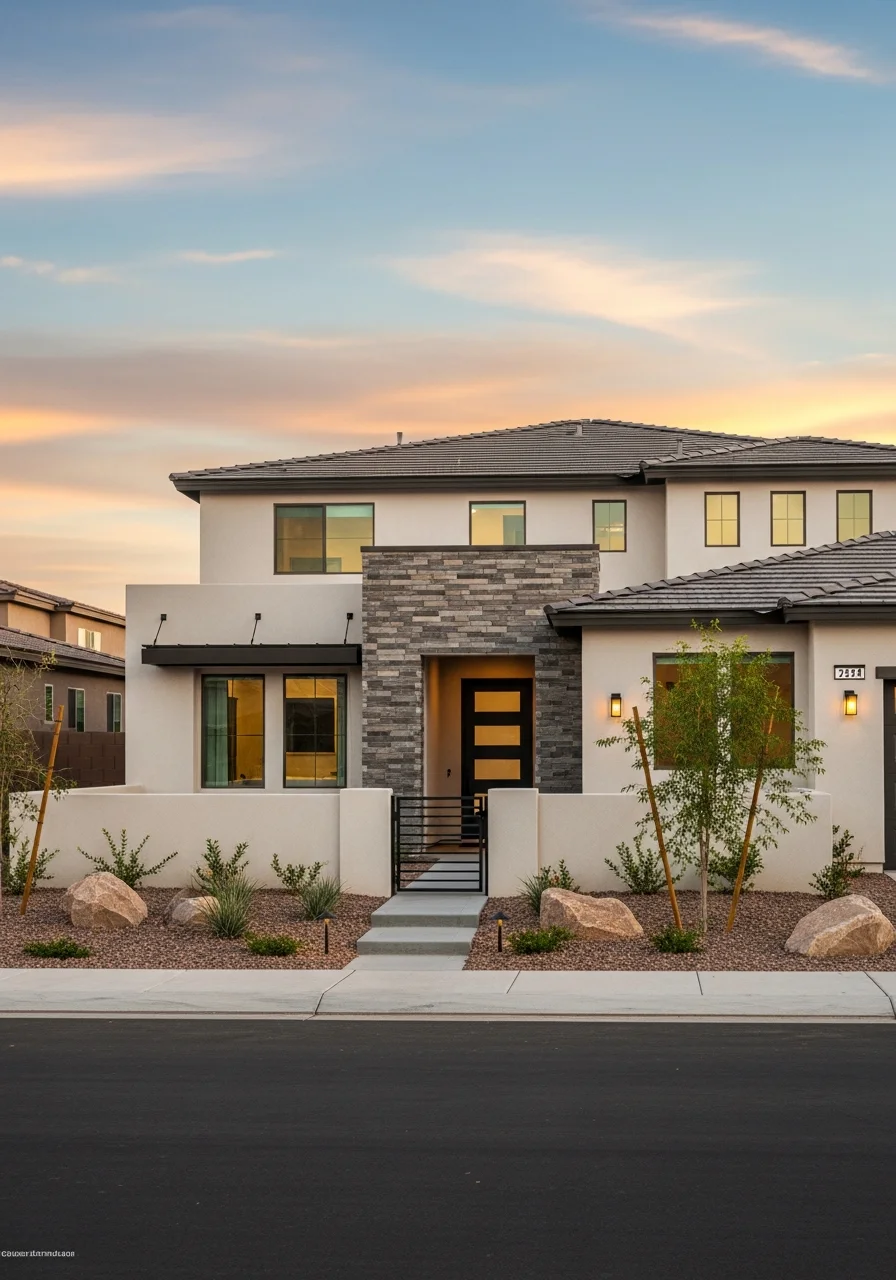 Close-up of a Las Vegas home's front facade with professional landscaping and entrance details.